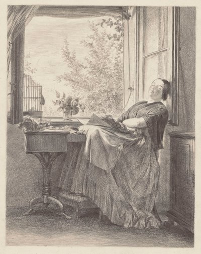 Švadlena spící u okna (Emilia, Menzelova sestra, později paní Krigarová). od Adolph Menzel