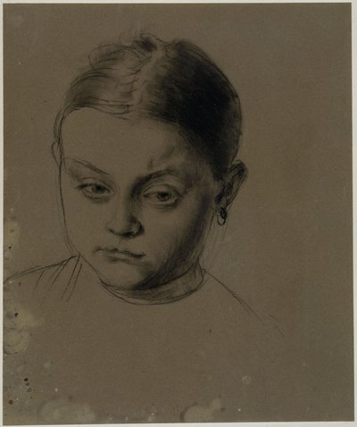 Hlava dívky zepředu, s mírně skloněnou hlavou, náušnice od Adolph Menzel