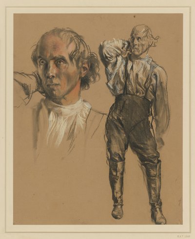 Muž v košili, kalhotách a vysokých botách, stojící en face, pravou rukou si sahá na zátylek, pohled doleva, vlevo: větší studie hlavy od Adolph Menzel