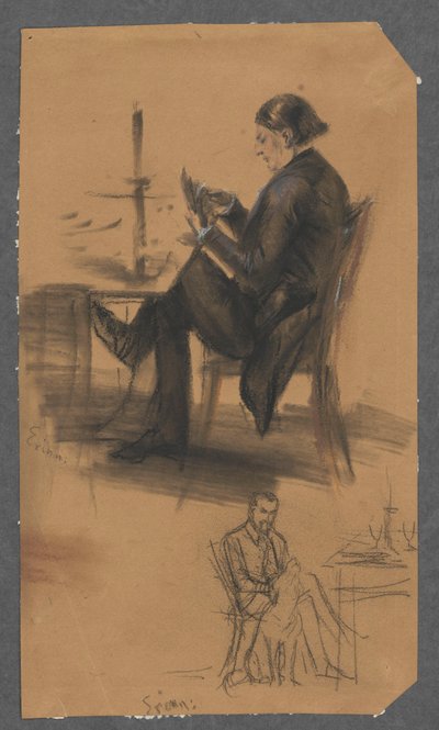 Muž s kartami v ruce u hracího stolu (nahoře); muž sedící u stolu a hladící psa (dole) od Adolph Menzel