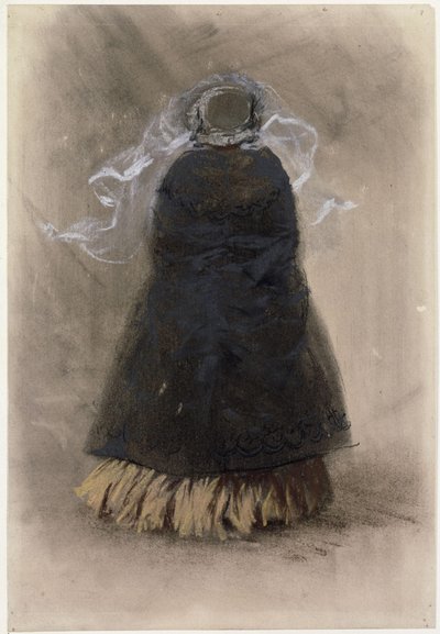 Postava dámy zezadu s kloboukem a vlajícím závojem od Adolph Menzel