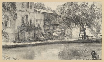 Zadní strana řady domů a strom u vody od Adolph Menzel