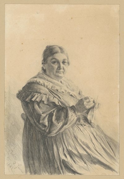 Sedící starší žena s pletenou ponožkou od Adolph Menzel