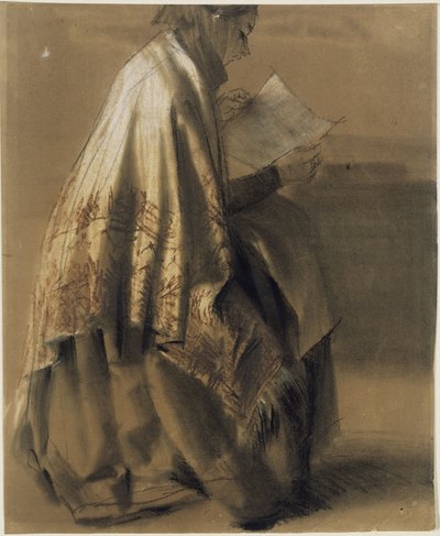 Žena sedící a čtoucí, zahalená do širokého šálu od Adolph Menzel