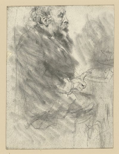 Sedící vousatý muž, pohled směřující doprava, s ukazováčkem pravé ruky nataženým a opřeným o desku stolu od Adolph Menzel