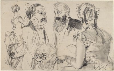 Skicář se třemi mužskými hlavami a dvěma ženskými postavami zezadu z elegantní společnosti od Adolph Menzel