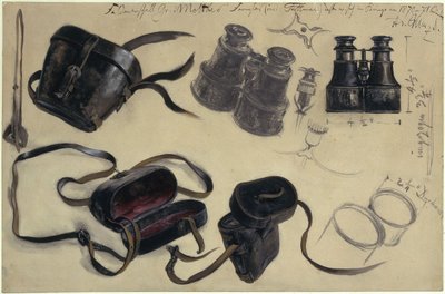 Studie podle dalekohledu polního maršála hraběte von Moltkeho, pouzdro a detaily, s poznámkami od Adolph Menzel