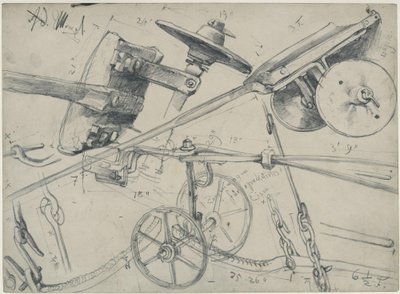 Přepravní vůz s detaily a rozměry. Studie k obrazu „Válcovna železa. Moderní Kyklopové“ od Adolph Menzel
