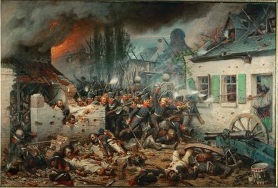 Pruská vojska útočí na vesnici Plancenoit během bitvy u Waterloo (olej na plátně) od Adolph Northen