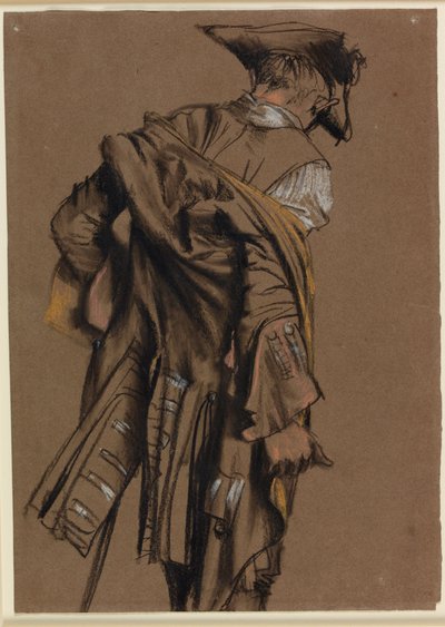 Umělecký model z pohledu zezadu, jak si obléká uniformu z 18. století od Adolph Menzel