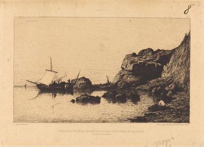 Rybářská loď zastavuje ve skalách Collioure od Adolphe Appian