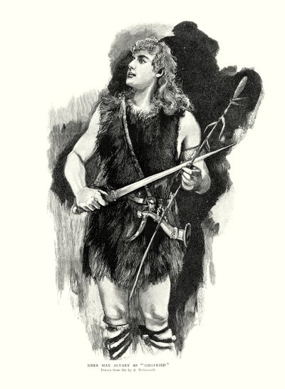 Německý tenorista Max Alvary jako Siegfried v opeře Richarda Wagnera Die Walkure v Royal Opera House, Covent Garden, Londýn (litho) od Adolphe Birkenruth