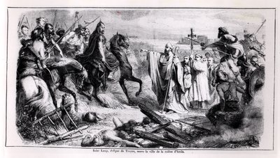St. Loup bránící město Troyes před Attilou Hunem (asi 406-453) na svém koni, ilustrace z dějin Francie, 2. polovina 19. století (černobílá fotografie) od Adolphe Francois Pannemaker