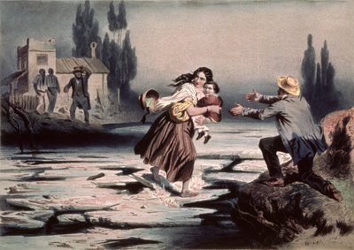 Eliza překračuje ledové kry řeky Ohio ke svobodě, ilustrace z „Kabiny strýčka Toma“ od Harriet Beecher Stowe, vyryto Charlesem Bourem (1814-81) (litho) (viz také 90903) od Adolphe Jean Baptiste (after) Bayot