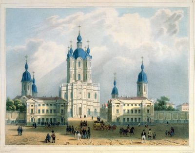 Smolný klášter v Petrohradě, tisk Edouard Jean-Marie Hostein (1804-89), nakladatelství Lemercier, Paříž, 40. léta 19. století (barevná litografie) od Adolphe Jean Baptiste Bayot