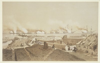 Bombardování Kil-Bourounu u ústí řeky Dněpr francouzskou flotilou, z přívěsku Nos Souvenirs de Kil-Bouroun LHiver passe dans Le Liman du Dnieper, 1855-56, vyryl Eugene Ciceri (1 od Adolphe Jean Baptiste Bayot and Antoine Leon Morel-Fatio