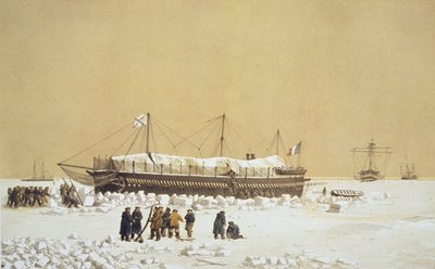 Plovoucí baterie La Tonnante v ledu před Kil-Bourounem, z Nos Souvenirs de Kil-Bouroun během LHiver passe dans Le Liman du Dnieper, 1855-56, rytina Eugena Ciceriho (1813-90) publikovaná kolem 18. od Adolphe Jean Baptiste Bayot and Antoine Leon Morel-Fatio