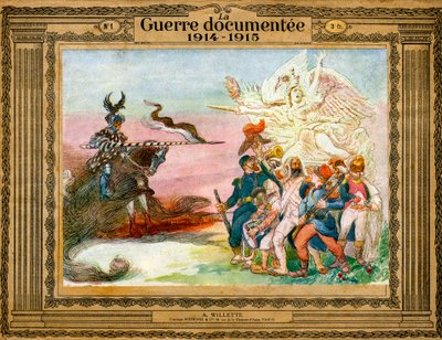 Alegorie konfliktu: Francouzské jednotky vedené vítězstvím jdou k útoku na Německo ztělesněné smrtí na koni od Adolphe Leon Willette