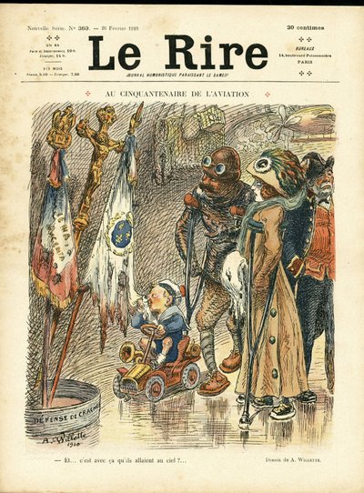 Ilustrace Adolphe dit Willette (1857-1926) pro obálku Le Rire, 26. 2. 10 - K padesátému výročí letectví - letectví, móda, klobouk, nehody, katastrofy od Adolphe Leon Willette