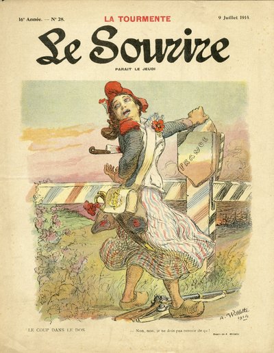 Ilustrace Adolphe dit Willette (1857-1926) pro obálku Le Smile, č. 28, 09/07/14 - Rána do zad - Nacionalismus, Francouzská revoluce, Válka prvních myší 14-18, Hranice - Marianne od Adolphe Leon Willette