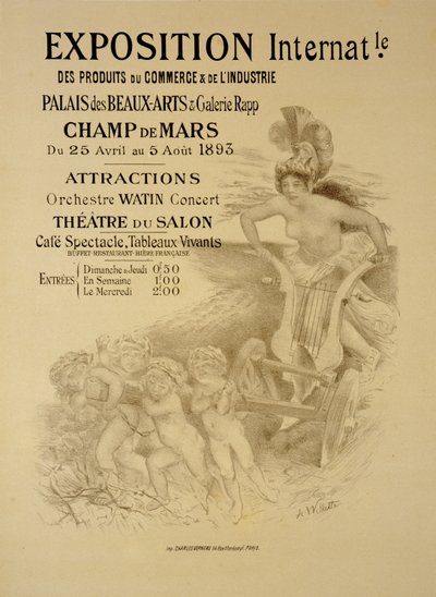 Reprodukce plakátu propagujícího mezinárodní výstavu komerčních a průmyslových výrobků, Palais des Beaux-Arts a Galerie Rapp, Champ de Mars, Paříž, 1893 od Adolphe Leon Willette