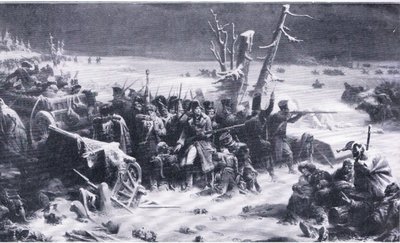 Maršál Ney podpírající zadní voj při ústupu z Moskvy, ilustrace z Landmarks in European History vydané Gresham Publishing Co, kolem roku 1920 (litho) od Adolphe Yvon