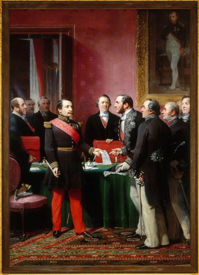 Napoleon III. předává baronu Haussmannovi dekret o připojení sousedních obcí (16. února). od Adolphe Yvon