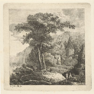 Hornatá krajina se stromy, hradem a dvěma postavami od Adriaan Jacob Willem van Dielen