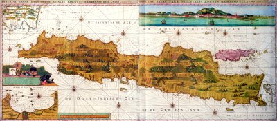 Insulae lavae, velká skládací mapa Jávy se dvěma vložkami zobrazujícími pohledy na Batávii (Jakarta) Dutch, vydal Gerard van Keulen, Amsterdam, kolem roku 1715 (barevná rytina) od Adriaan Reland