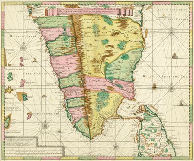 Mapa jižní Indie a Cejlonu, po práci vytvořené kolem roku 1720 holandským kartografem Adriaanem Relandem od Adriaan Reland