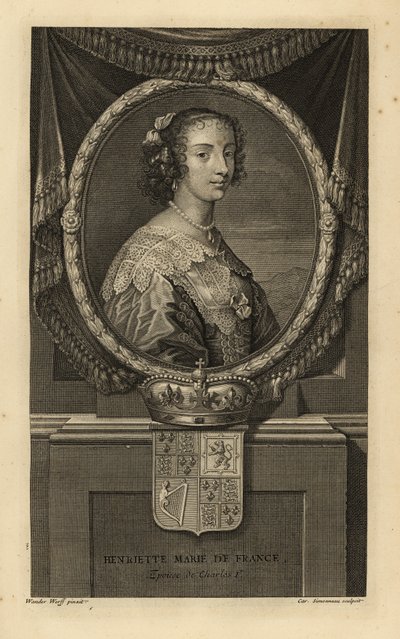Henrietta Maria Francouzská, manželka anglického krále Karla I. Henriette Marie de France. V šatech s krajkovým límcem, perlový náhrdelník. S korunou a erbem. Mědirytina Charlese Simonneaua podle Adriaena van der Werffa z H od Isaaca de Larreyho od Adriaan van der (after) Werff