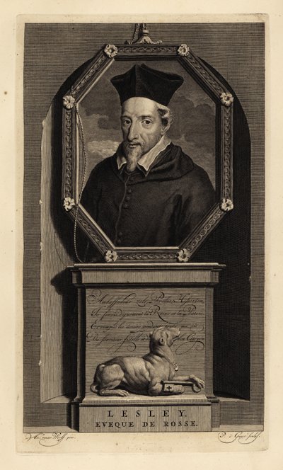 John Lesley, skotský historik a biskup z Ross. biskup z Rosse. Pes s klíčem. Mědirytina Pietera Stevense van Gunsta podle Adriaena van der Werffa z Histoire d