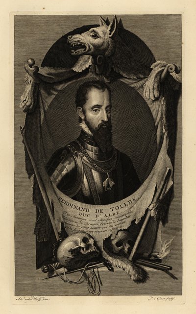 Portrét Ferdinanda Alvareze de Toledo y Pimentel, 3. vévody z Alby, neboli železného vévody. V brnění s řetězem řádu Zlatého rouna. S vlčí kůží, lidskými lebkami, mečem, dýkou a křesadlovou pistolí. Ferdinand de Tolede, vévoda d