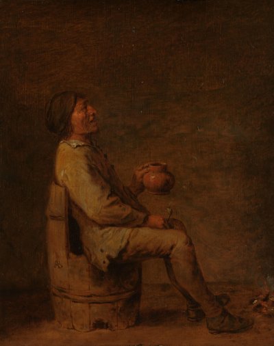 Muž sedící držící dýmku a džbán v interiéru od Adriaen Brouwer (possibly copy after)