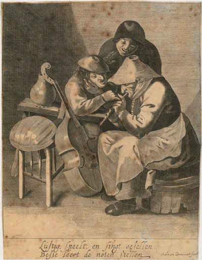 Flétnistka a dva rolníci od Adriaen Brouwer
