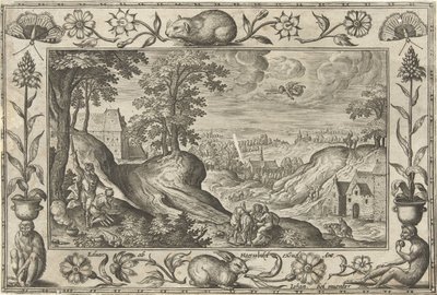 Abraham obětuje Izáka Krajiny s biblickými, mytologickými scénami a loveckými scénami (název série) od Adriaen Collaert