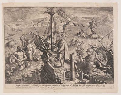 Amerigo Vespucci na své lodi z knihy Americae Retectio (Objevení Ameriky) od Adriaen Collaert