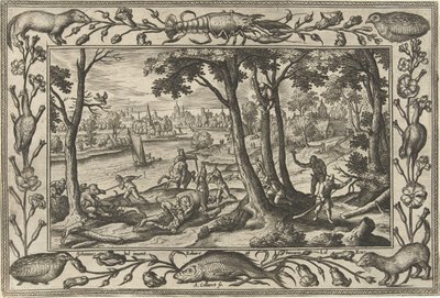 lov medvědů Krajiny s biblickými, mytologickými scénami a loveckými scénami (název série) od Adriaen Collaert