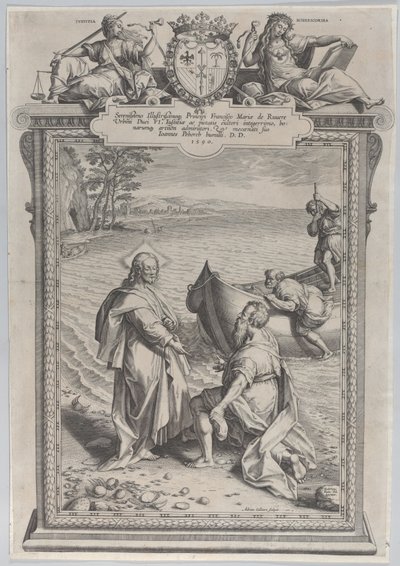 Kristus volá svatého Ondřeje, který před ním klečí na pláži, a svatého Petra, který leze..., 1590. od Adriaen Collaert