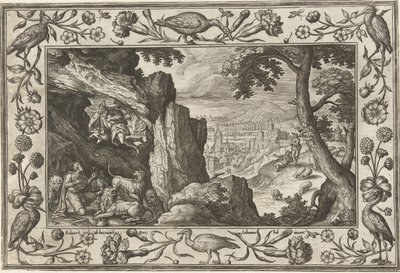 Daniel v jámě lvové Krajiny s biblickými, mytologickými scénami a loveckými scénami (název série) od Adriaen Collaert