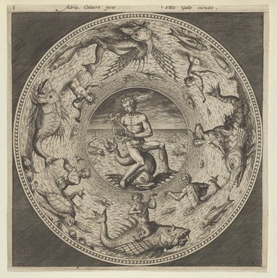 Design pro talíř s Arionem jezdícím na delfínu v medailonu ohraničeném mořskými příšerami..., c1600. od Adriaen Collaert