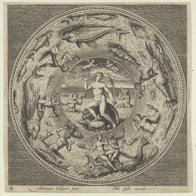Design pro talíř s Galateou na skořápce lemovaný trubači v medailonovém okraji..., c1600. od Adriaen Collaert