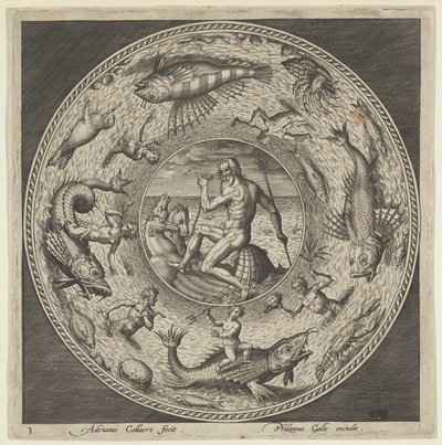 Design pro talíř s Neptunem ve skořápce nakresleným koňmi v medailonu ohraničeném ..., c1600. od Adriaen Collaert