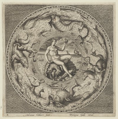 Design pro talíř s Thetis na skořápce v medailonu ohraničeném mořskými příšerami, c1600. od Adriaen Collaert