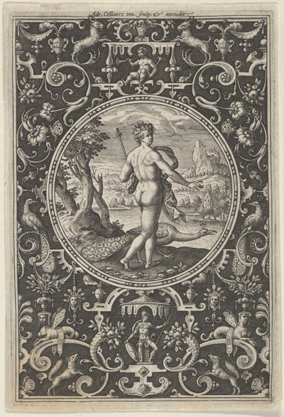 Juno v dekorativním rámu s groteskami, z Soudu v Paříži, ca. 1580-..., c1580-1600. od Adriaen Collaert