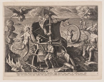Magellan sedící na palubě, od Americae Retectio od Adriaen Collaert