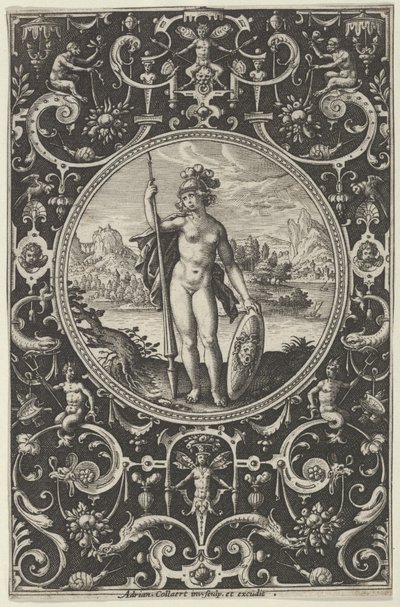 Minerva v dekorativním rámu s groteskami, z Soudu v Paříži, c1580-1600. od Adriaen Collaert