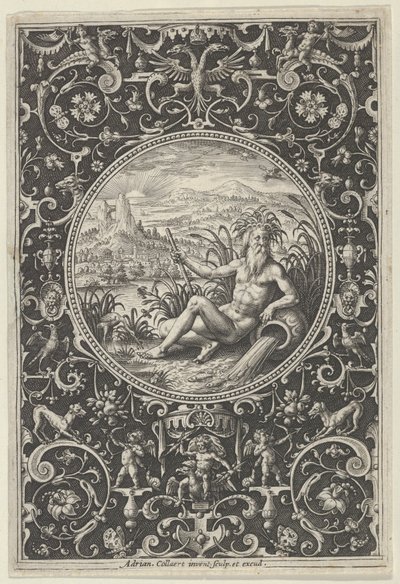 Neptun v dekorativním rámu s groteskami, z Soudu v Paříži, c1580-1600. od Adriaen Collaert