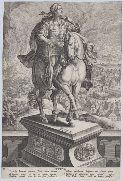 Deska 11: jezdecká socha Tita, pohled ze tří čtvrtin vpravo, hora Vesuv..., ca. 1587-89. od Adriaen Collaert