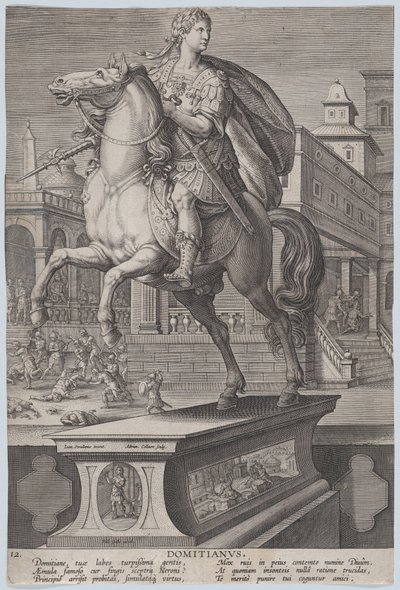 Deska 12: jezdecká socha Domitiana, viděno ze tří čtvrtin vlevo, s jeho ..., ca. 1587-89. od Adriaen Collaert